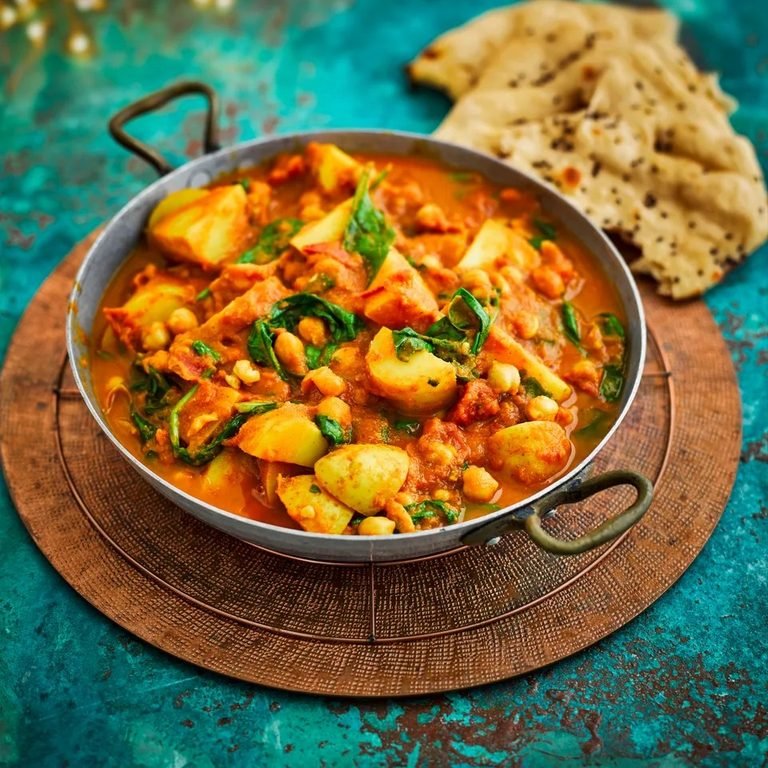 Tasty chickpea curry with potatoes, spinach and tomato. Serve it with naan.
