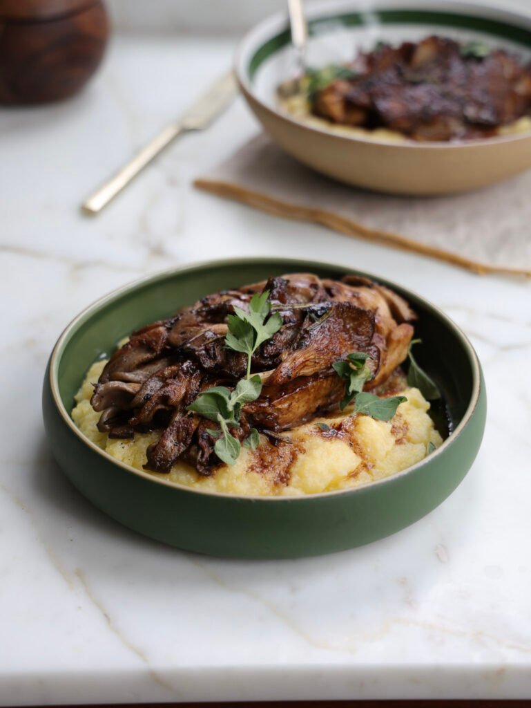 homemade BBQ flavoured lion's mane steak served over mashed potatoes