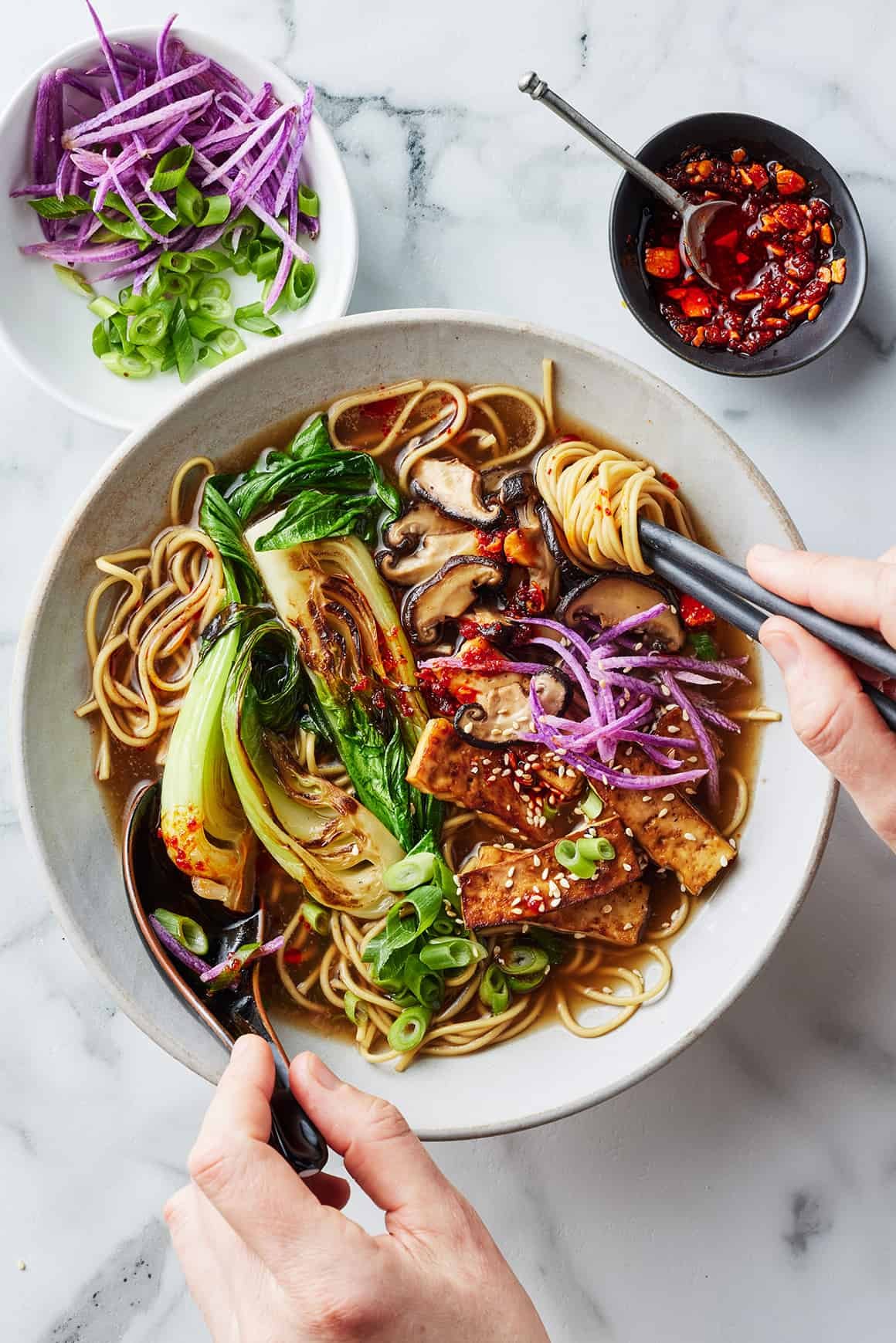 Delicious homemade vegan tiktok ramen in a white bowl.