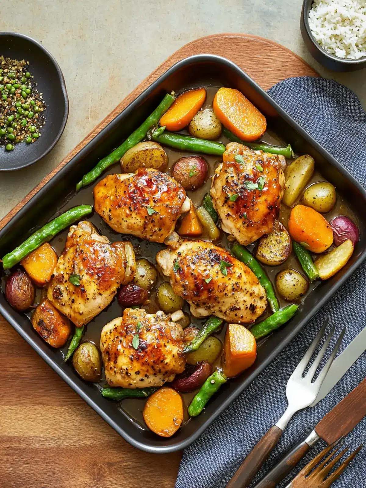 Homemade apricot chicken with roast vegetables in a black tray on a table with a fork on the side