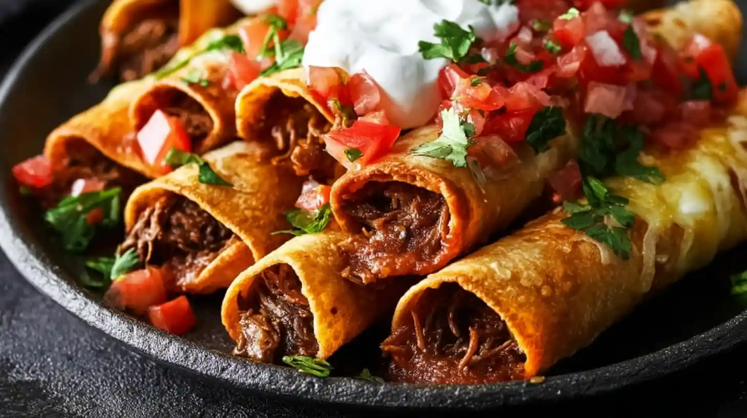delicious homemade beef taquitos topped with salsa and cream cheese served on a plate
