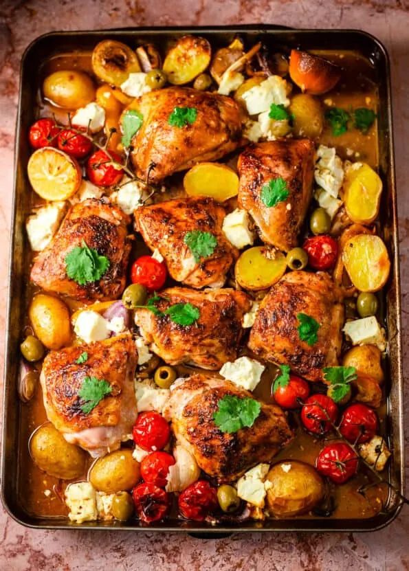 Delicious Mediterranean Chicken Balsamic Traybake ready for a delicious Sunday lunch meal.