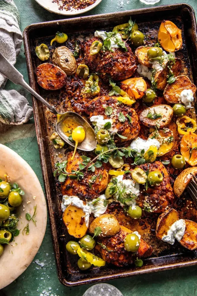 Easy Irresistible Mediterranean Chicken Balsamic Traybake served on a table ready for any dinner meal.