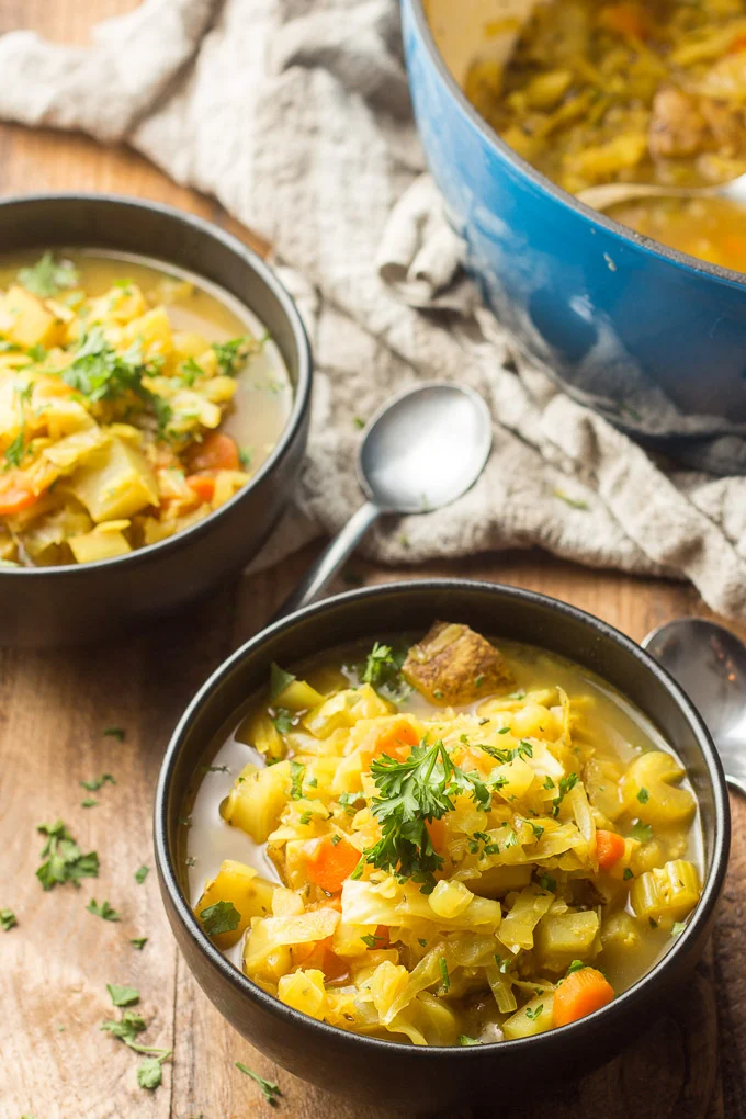 Easy cabbage soup in a round bowl on a table
