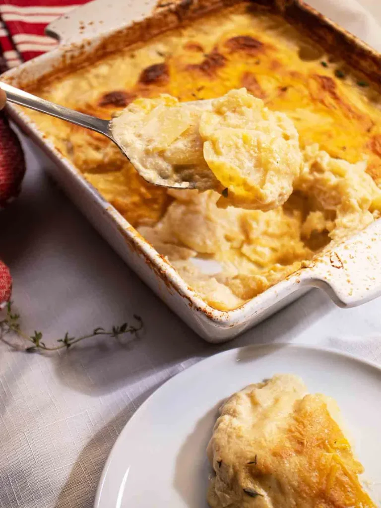 Easy homemade vegan potato gratin served on a table