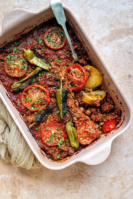 Oven baked easy moussaka recipe in a white rectangular dish served a table